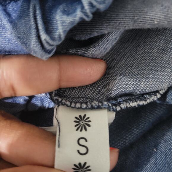 Show Me Your Mumu Explorer Pants Blue Chambray Wide Leg High Waist Pull On Small - Picture 7 of 16